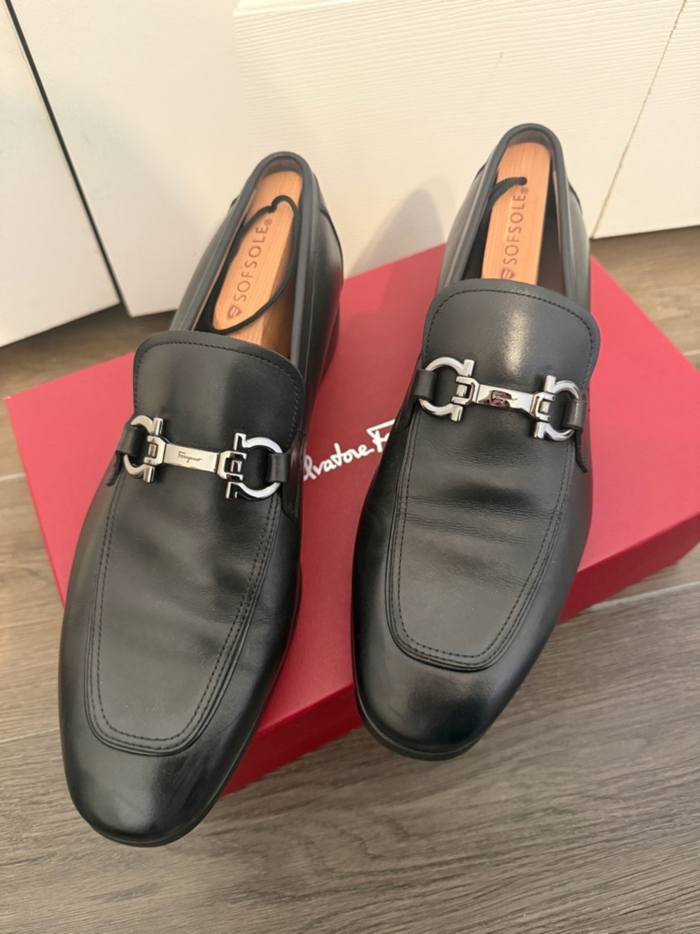 Salvatore Ferragamo Black Leather Bit Loafers with Silver Hardware